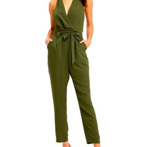 Lulus In The City Olive Green Surplice Sleeveless Jumper With Tie Waist NWT S